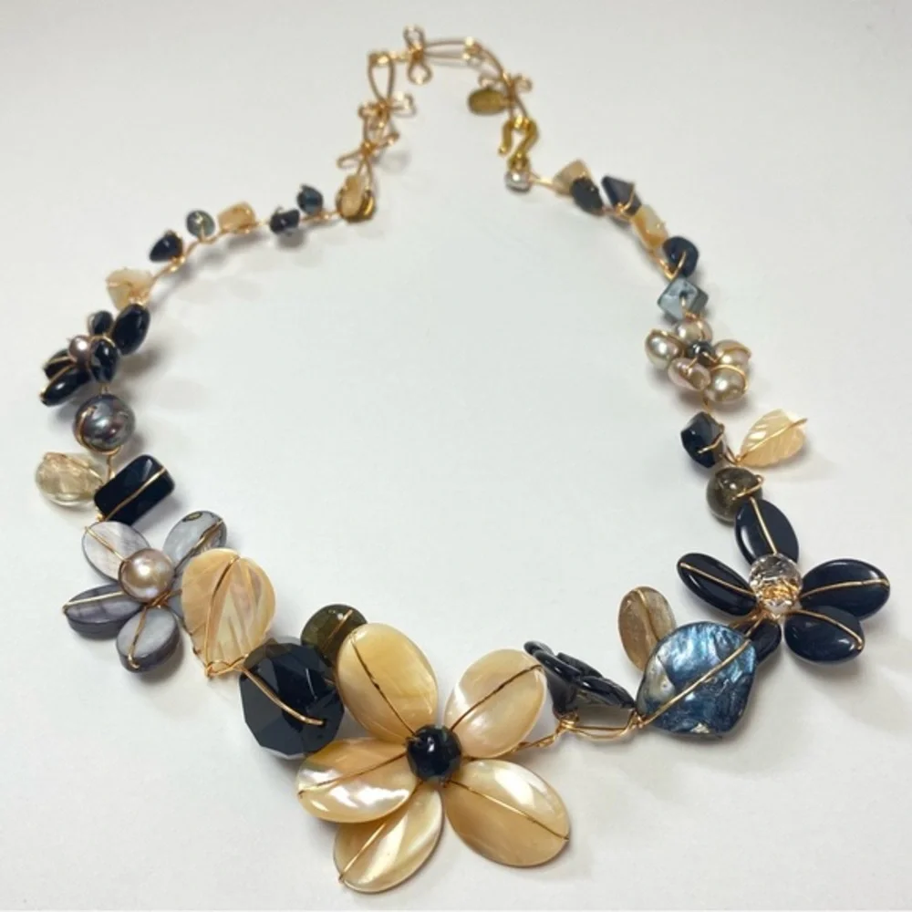 Abra Couture Handmade Natural Shell Beiges Gem Flower Collar GW Artisan Necklace